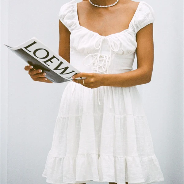 White Capped Sleeves Tied Front Tiered Cotton Mini Sun Dress