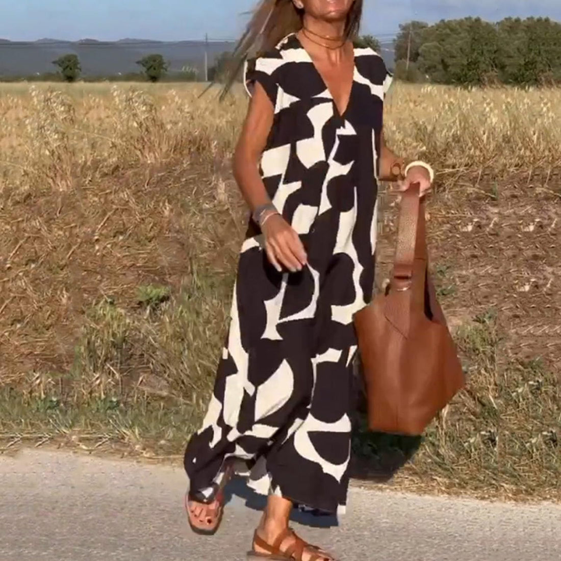 Loose Cap Sleeve V-Neck Printed Long Maxi Dress