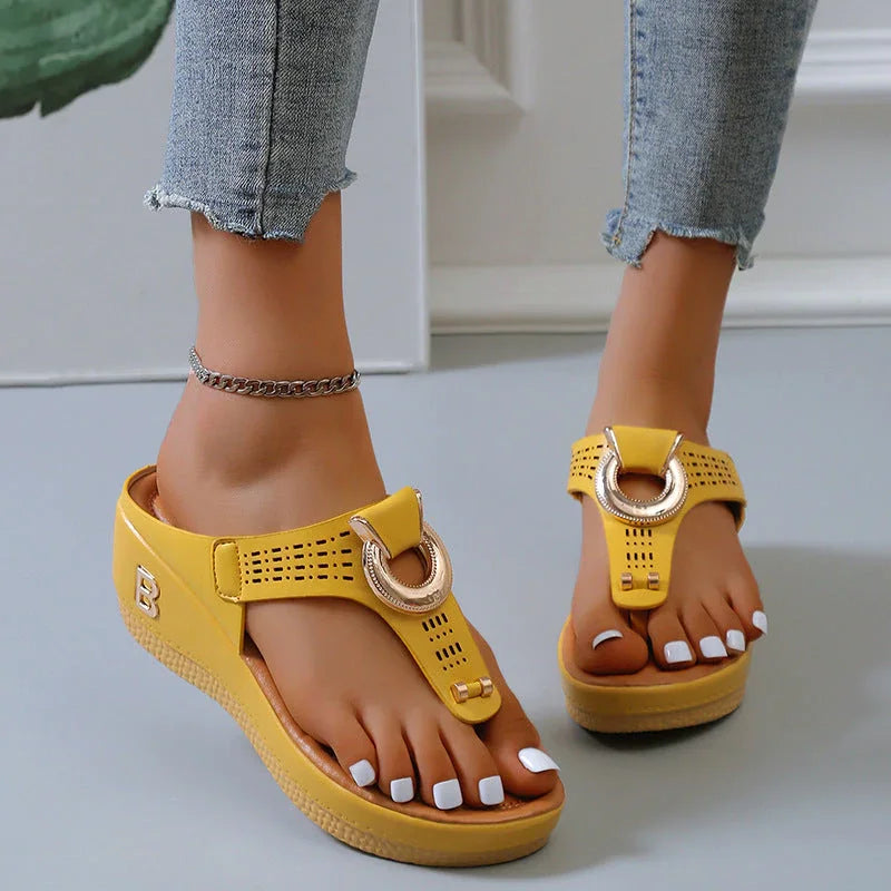 Women's Leather Wedge Slide Sandals