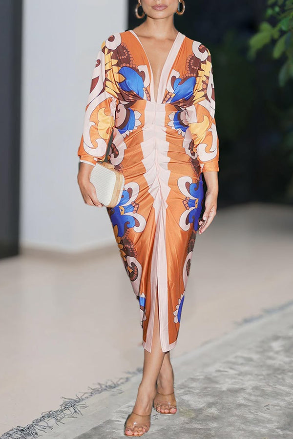 Unique Print Dolman Long Sleeve Ruched Slit Midi Dress