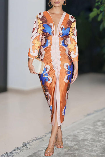 Unique Print Dolman Long Sleeve Ruched Slit Midi Dress
