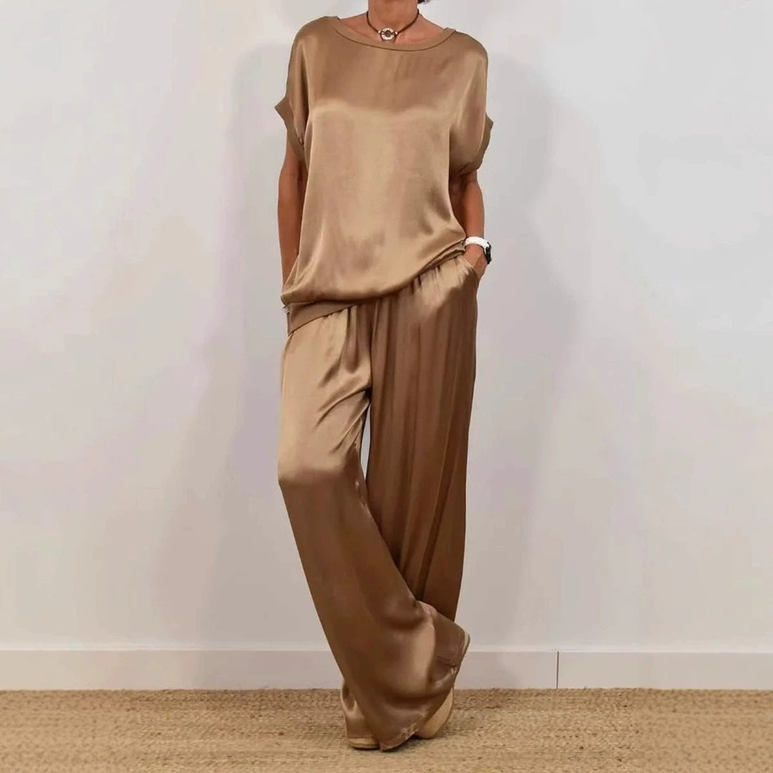 Women's Spring Casual Solid Color Satin Two-Piece Suit