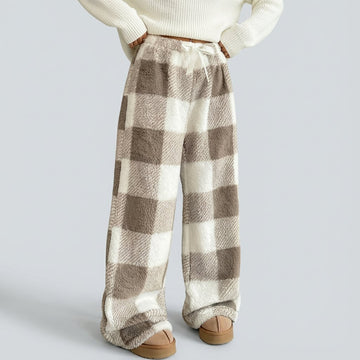 Winter Vintage Plaid Elastic Straight Loose Thick Warm Casual Pants
