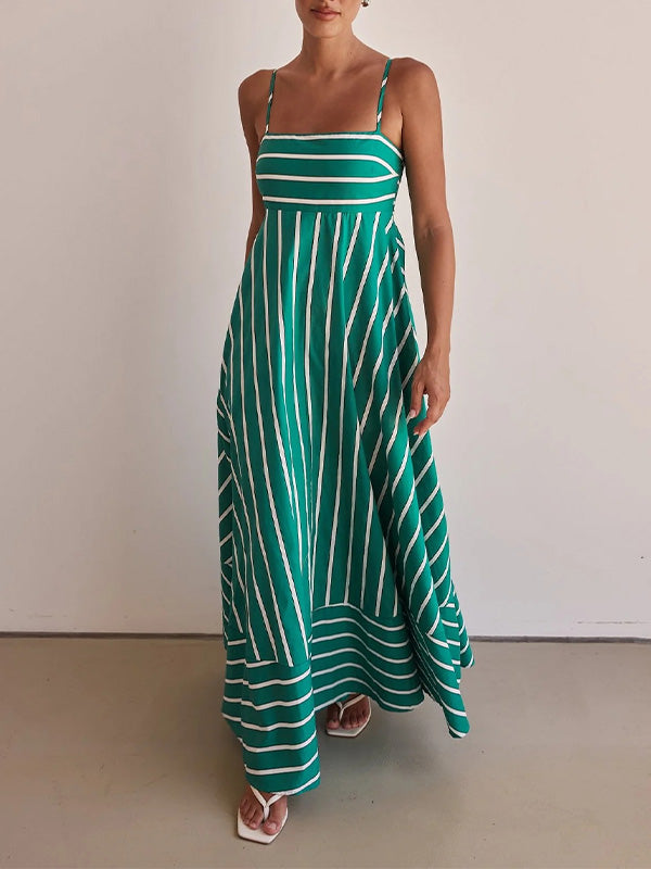 Stylish Green Striped Halter Dress