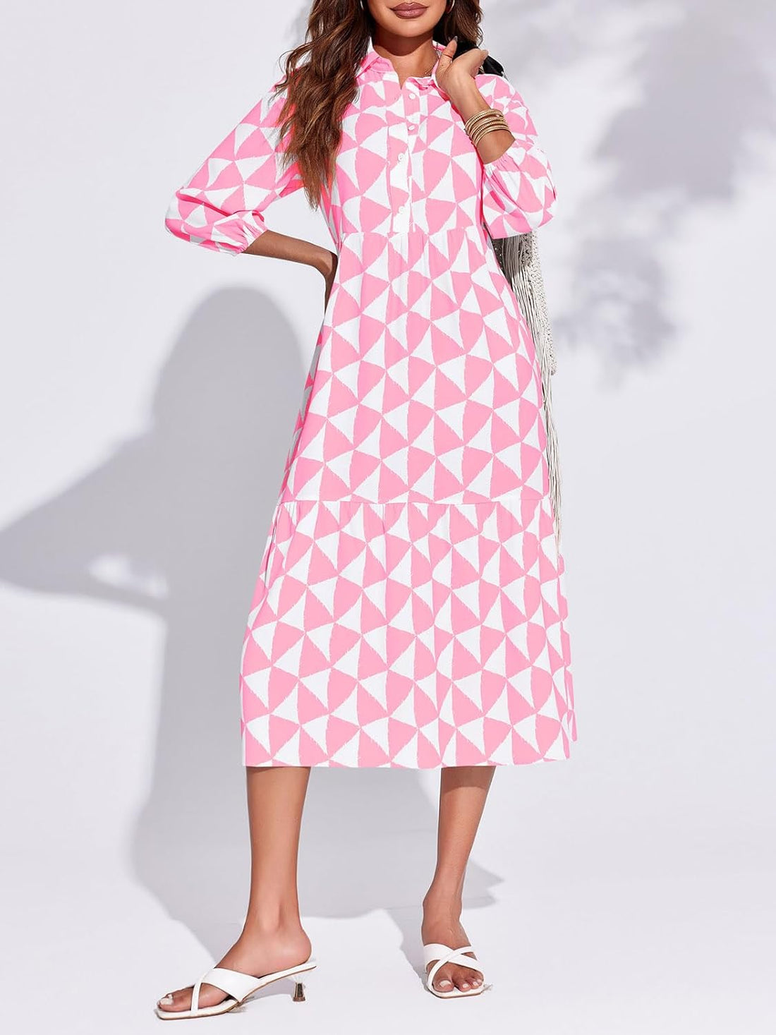 Womens Boho Midi Casual Color Block Button Down Shirt Dress