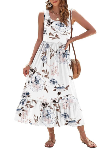 Women's Printed Casual Sleeveless Square Neck Printed Multi-Layer Pocket Dress