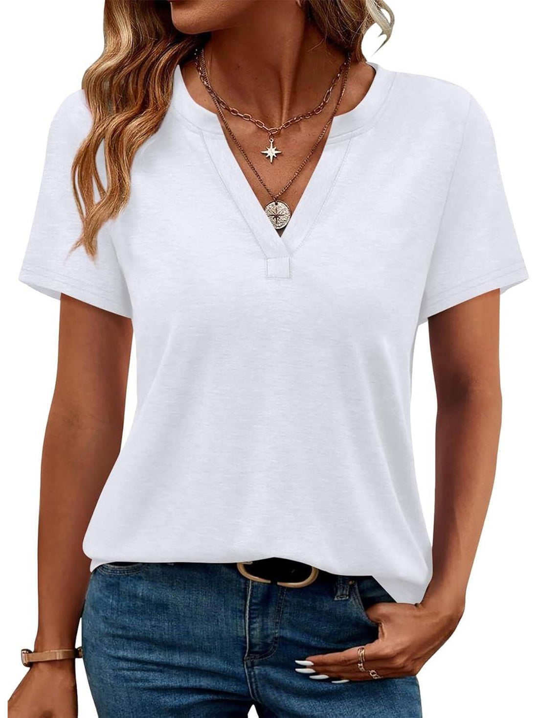 Womens Short Sleeve V Neck Casual Loose Fit T-shirts