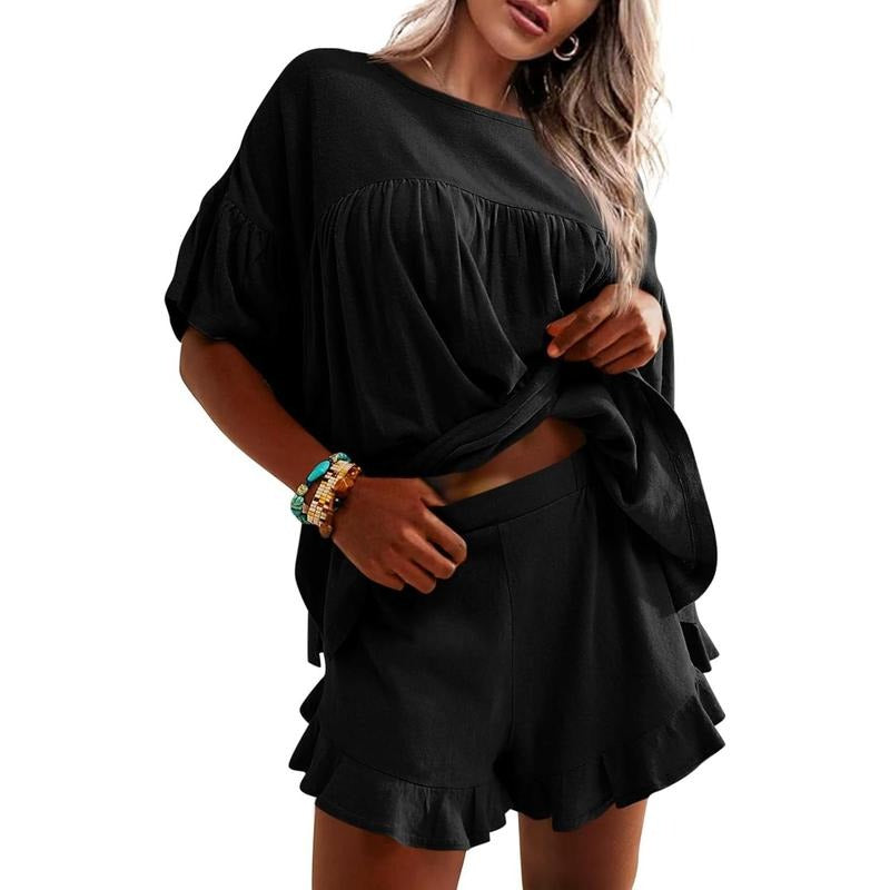 Ruffle Sleeve Babydoll Top & Ruffle‑Hem Shorts Lounge Set