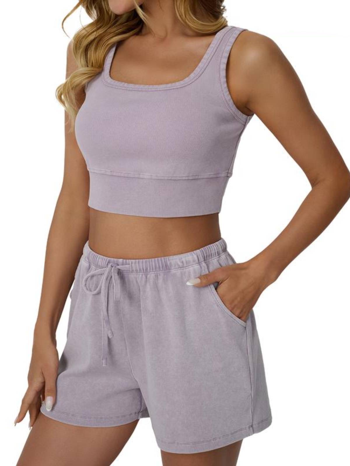 Womes Cropped Casual Acid Wash Ribbed Vest 2-Piece Set