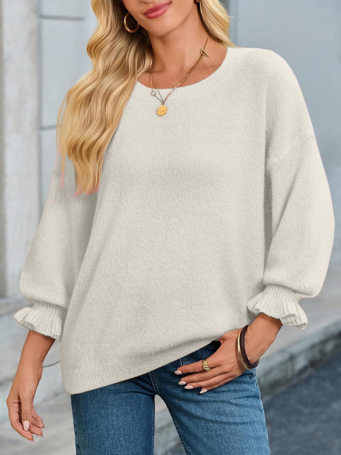 Womens Oversized Crewneck Ruffle 3/4 Puff Sleeve Knit Fall Sweaters