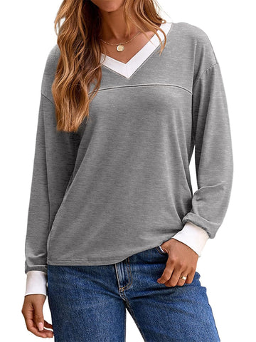 Women's Long Sleeve Casual Soft V Neck Oversized T Shirts