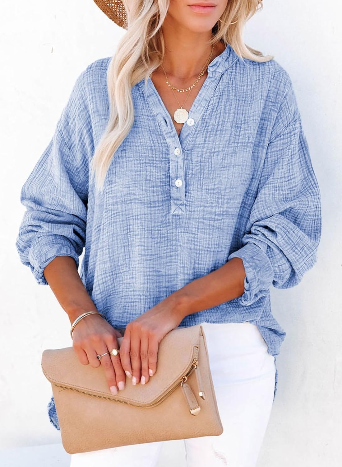 Casual Button V Neck Long Sleeve Shirts