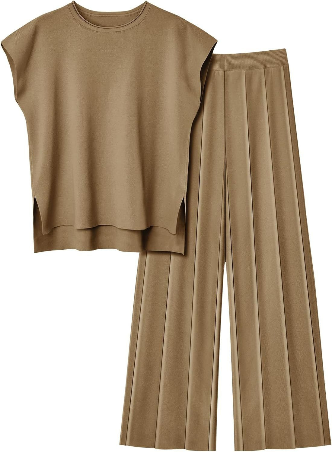 Women's Casual Knitted Short Sleeved And Wide Leg Pants Two Piece Suit