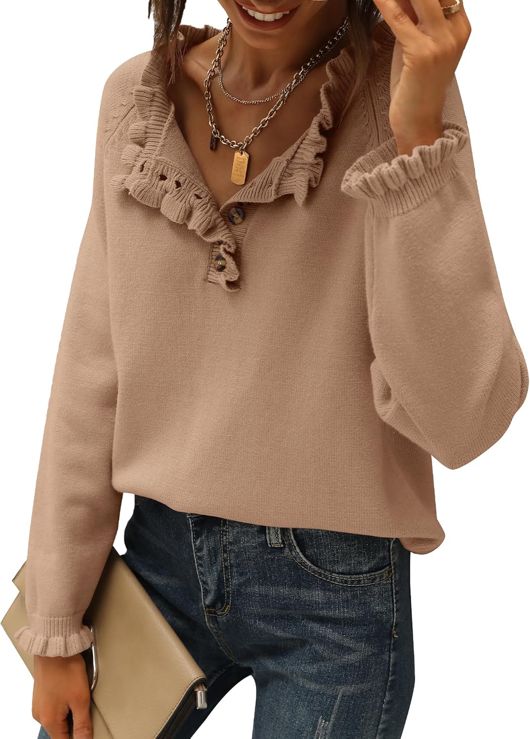 Women's Knitted Casual Long Sleeve Button Ruffle Pullover Sweater