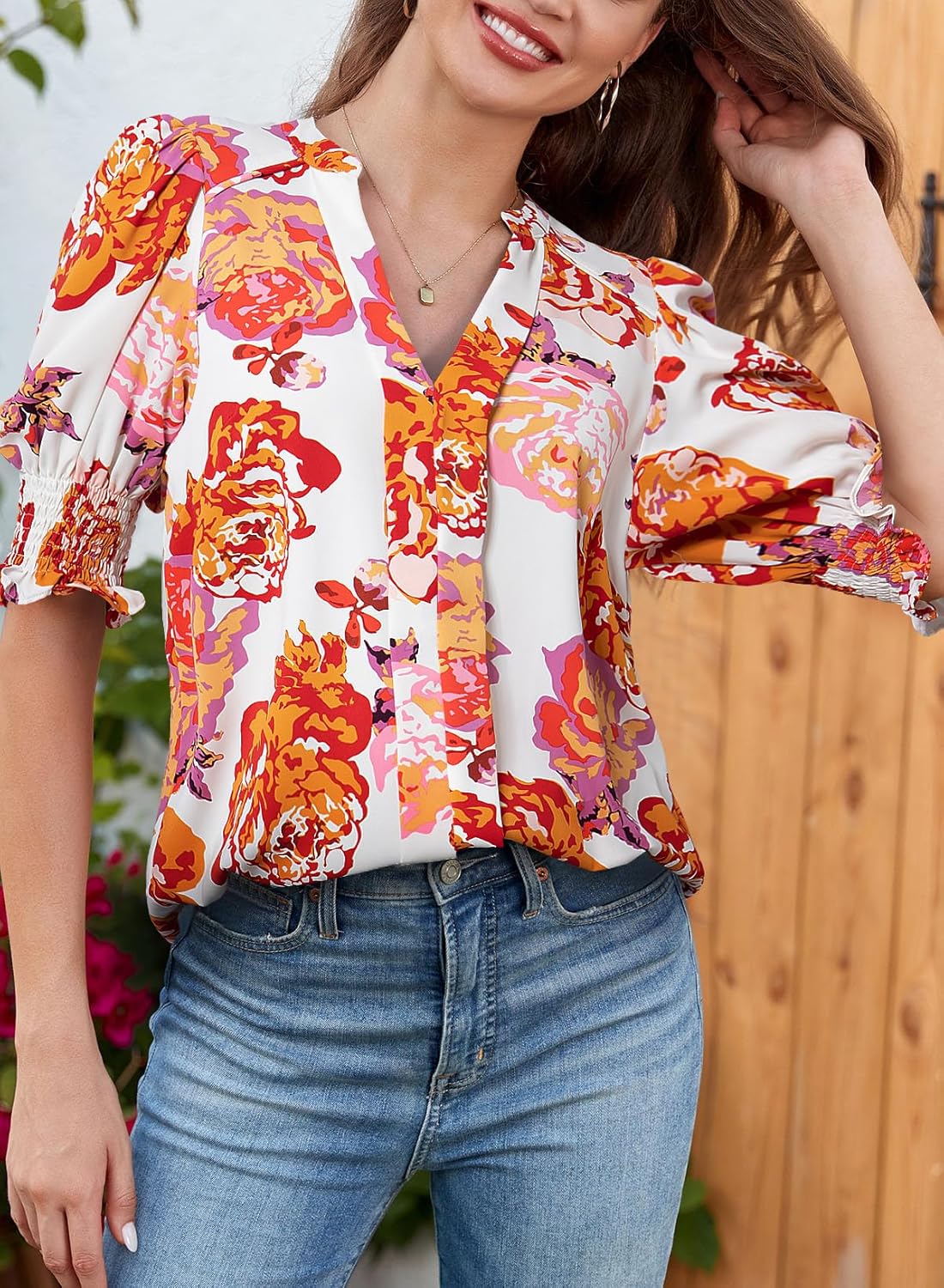 Women's V-neck Printed Pleated Cuffs Shirt Casual Tops