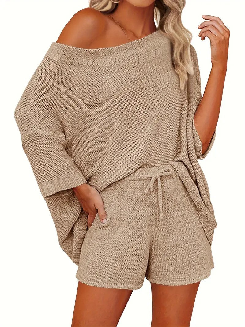 Women's Off Shoulder Knit Top and Drawstring Shorts Casual Pajama Set