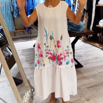Women's Loose Floral Sleeveless Dress with Round Neckline
