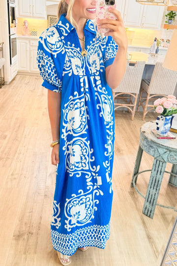 Women's Lapel V Neck Mixed Print Puff Sleeve Smocked Dress