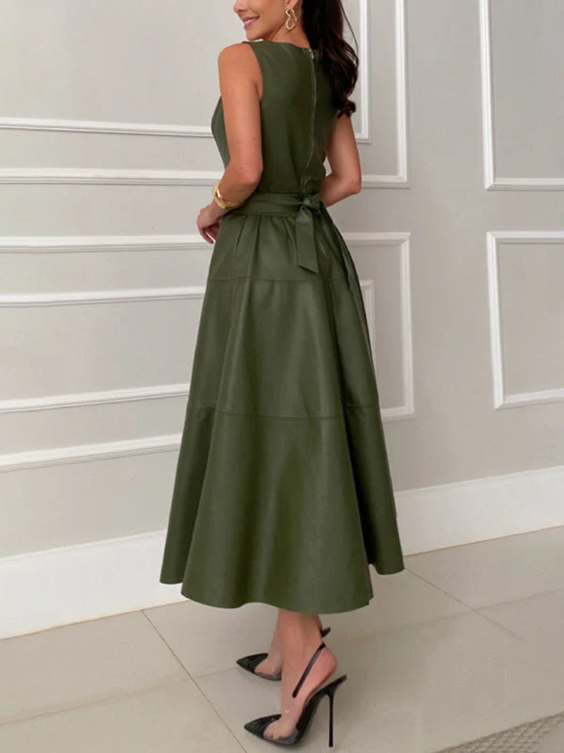 Sleeveless Fitted Leather Belted Solid Color Midi Dress
