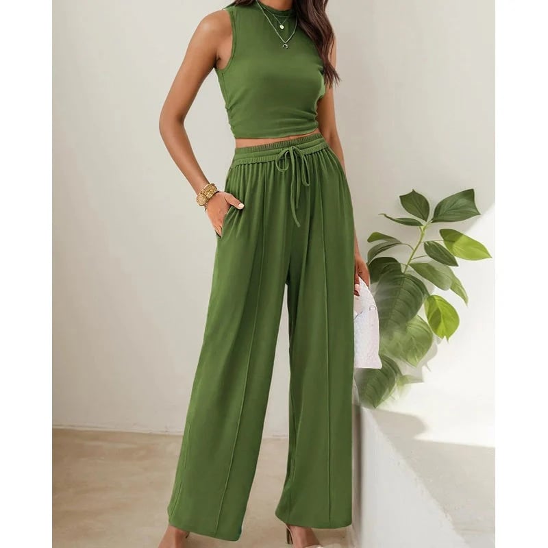Women's Summer Solid Short Crop Tank Top & Drawstring Wide Leg Pants 2-Piece Set