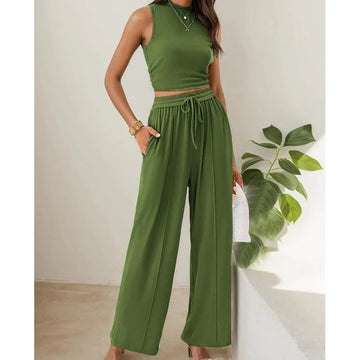Women's Summer Solid Short Crop Tank Top & Drawstring Wide Leg Pants 2-Piece Set