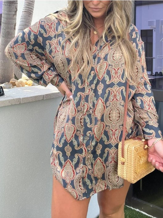 Printed Long Sleeve Casual Shirt Dress