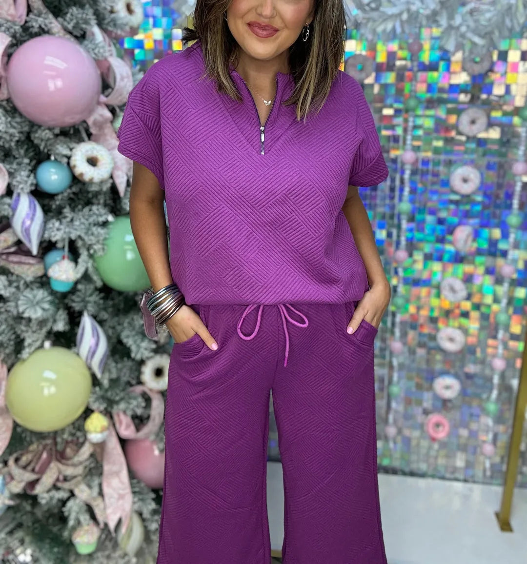 Women's Textured Loose Zip Top and Drawstring Pants Casual Set