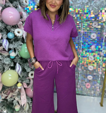 Women's Textured Loose Zip Top and Drawstring Pants Casual Set
