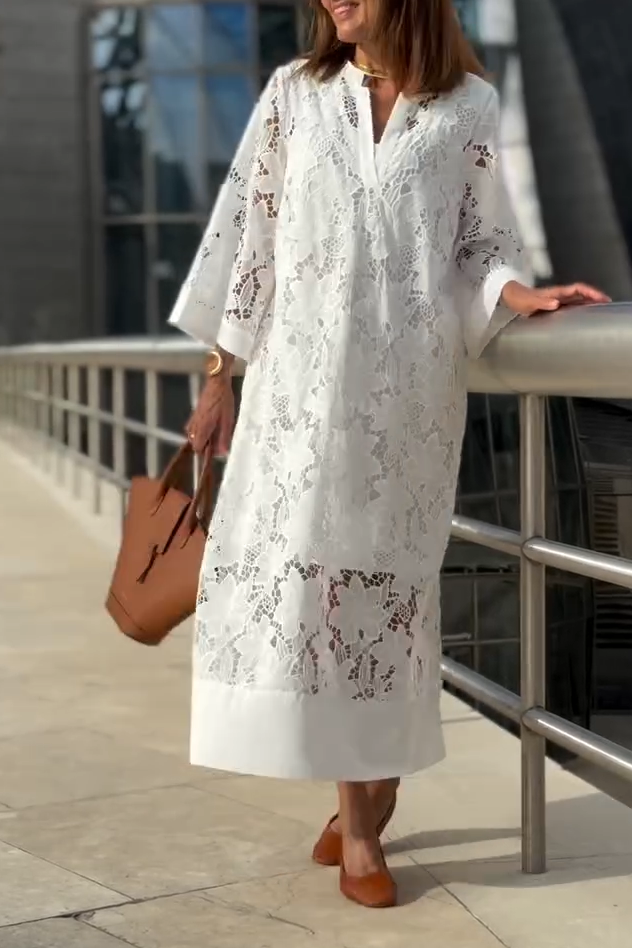 Women's Spring Casual V-Neck Lace Long Dress