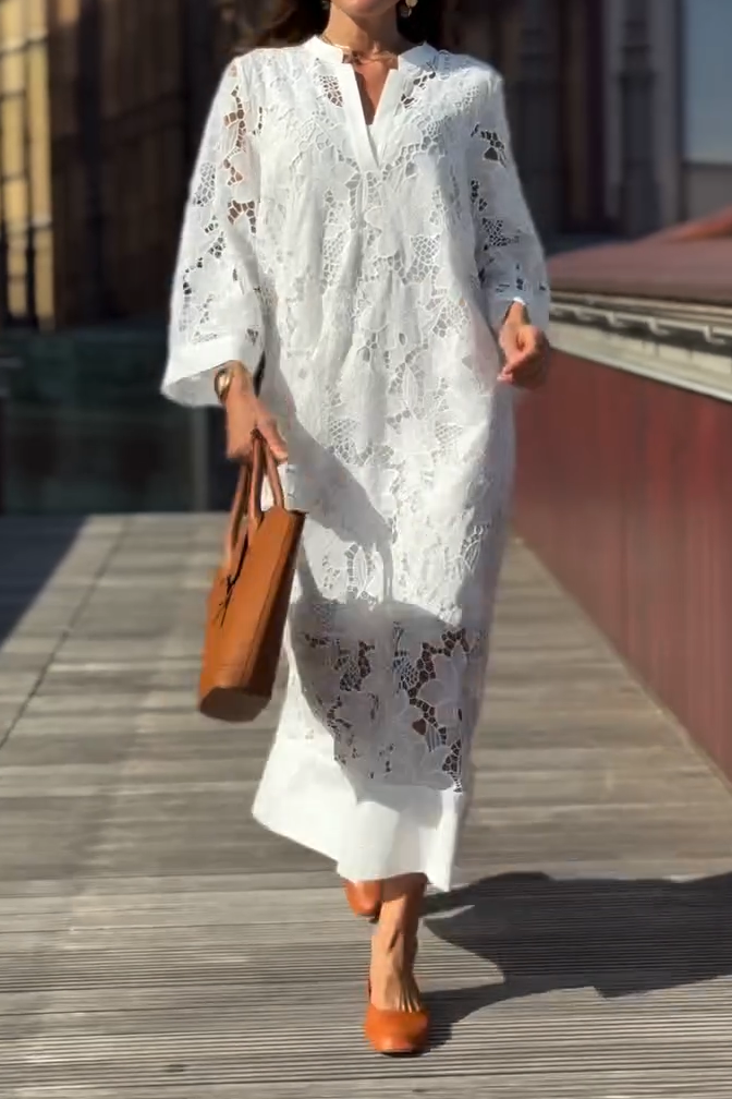 Women's Spring Casual V-Neck Lace Long Dress