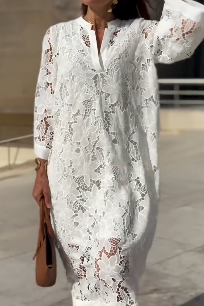 Women's Spring Casual V-Neck Lace Long Dress