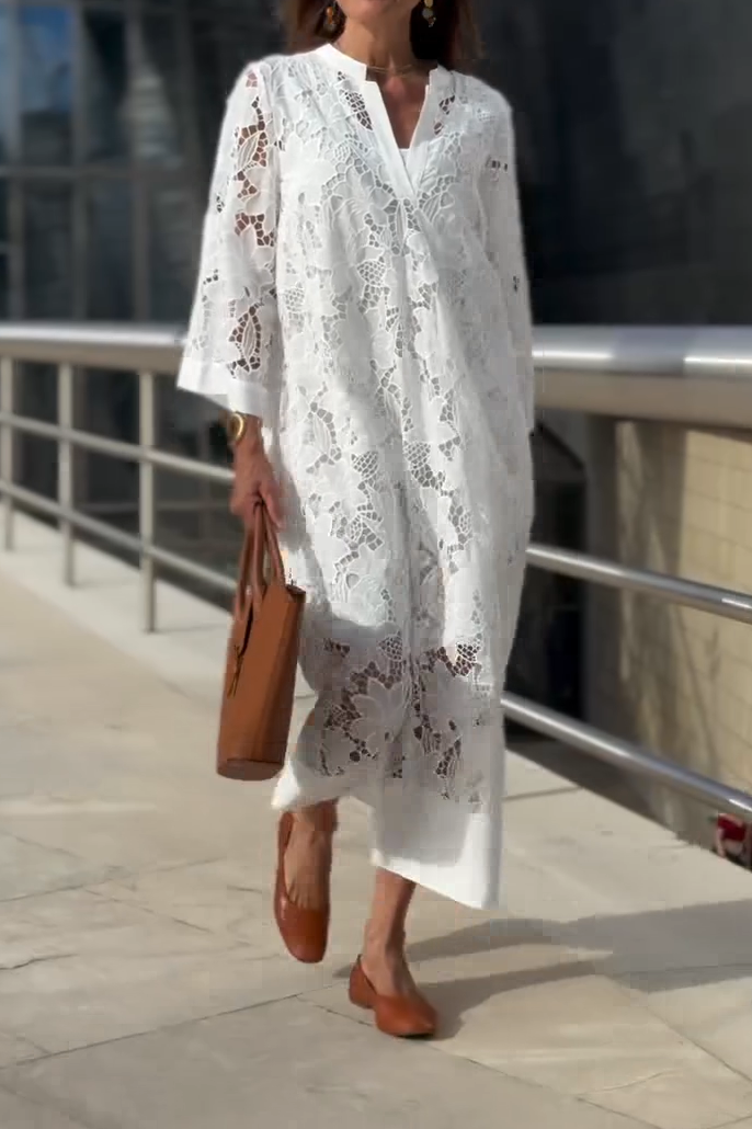 Women's Spring Casual V-Neck Lace Long Dress