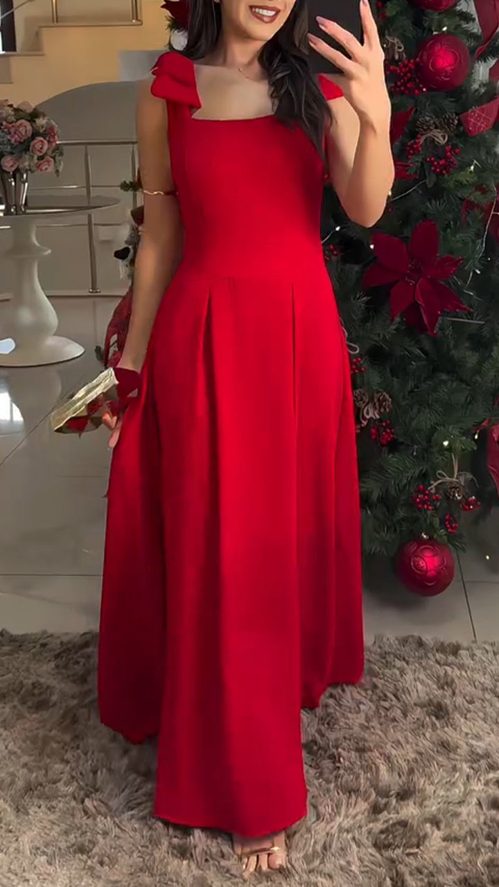Women's Square Collar Solid Color A-line Temperament Dress