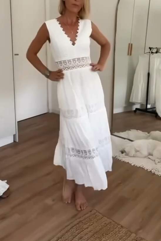 Women's Casual Holiday V-neck Lace Stitching Sleeveless Long Dress