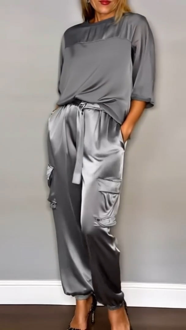 Women's Round Neck Patchwork Top + Pants Casual Suit