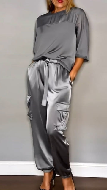 Women's Round Neck Patchwork Top + Pants Casual Suit