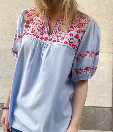 Striped & Floral Embroidery Pretty V Neck T-Shirt