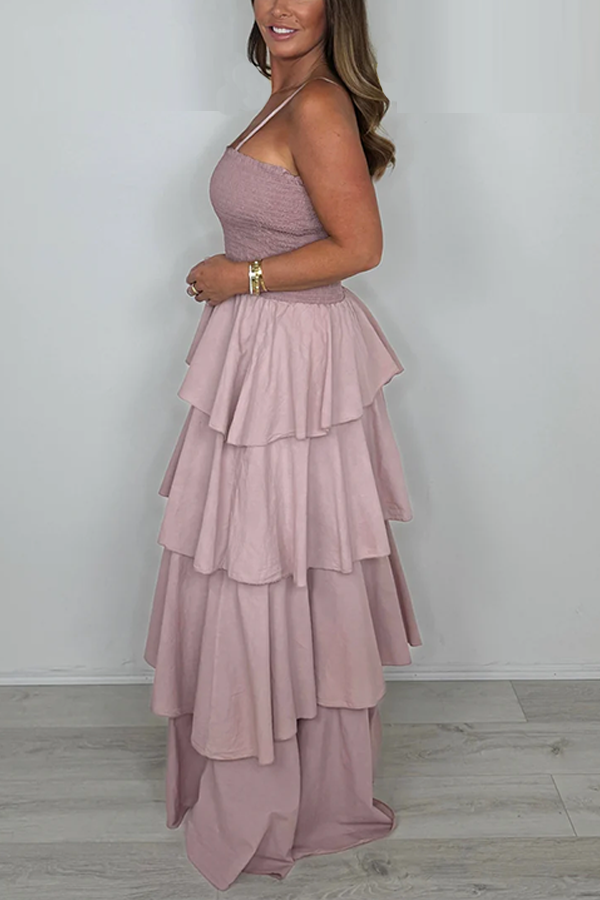 Spaghetti Strap Smocked Layered Bottom Maxi Dress