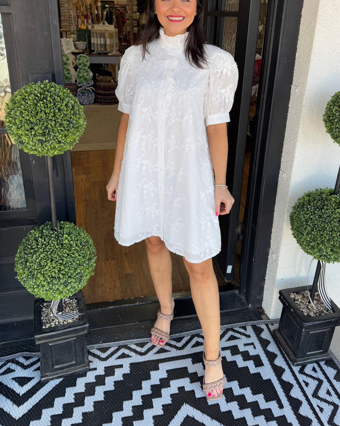 Women's Button Stand Collar Bubble Short Sleeve Floral Dress