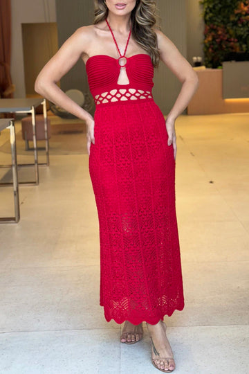 Crochet Knit Cutout Waist Halter Texture Slit Maxi Dress