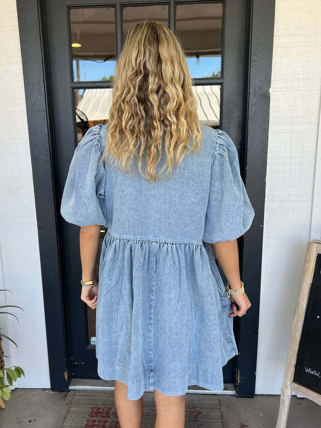 Bow Tie Puff Sleeve Denim Dress