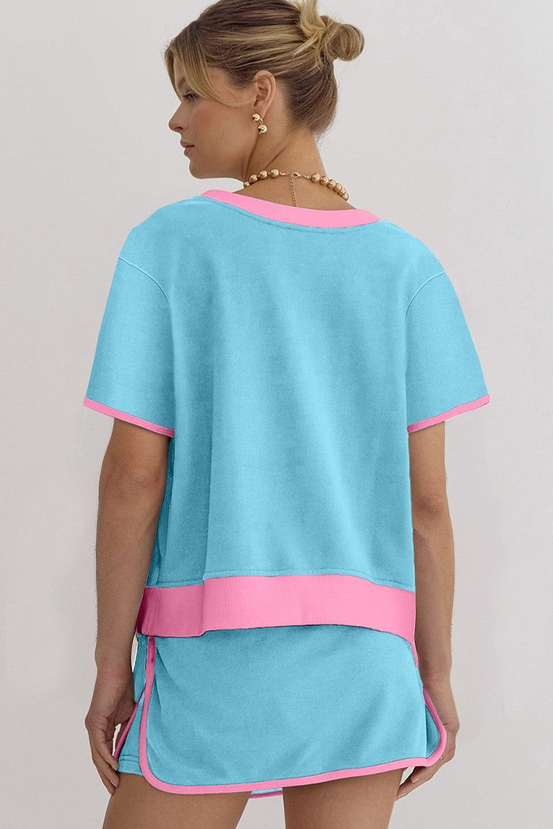 Women's Colorblock Edge Drop Shoulder T Shirt Skort 2Pcs Set