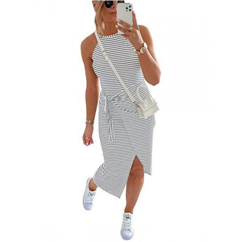 Vacation Casual Sleeveless Striped Midi Dress