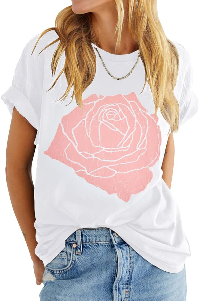 Rose Pattern Round Neck Casual Short Sleeves