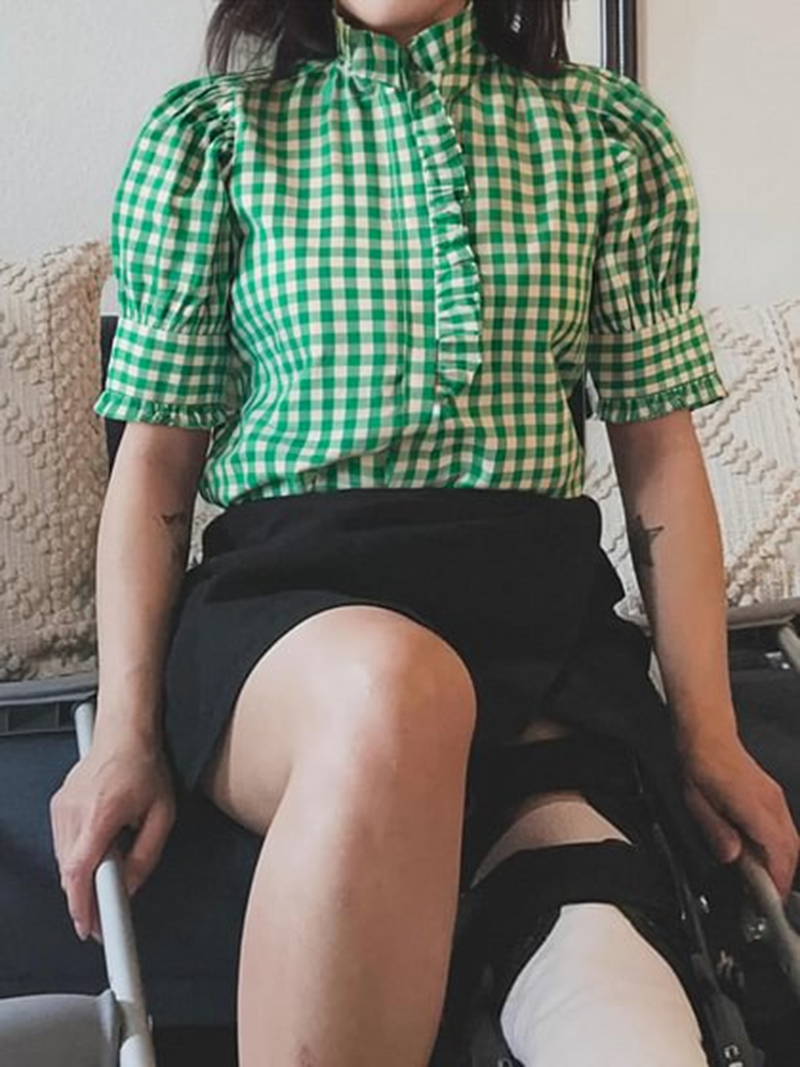 Grid Smart Ruffles Trim Puff Sleeve Blouse(BUY 2 FREE SHIPPING)