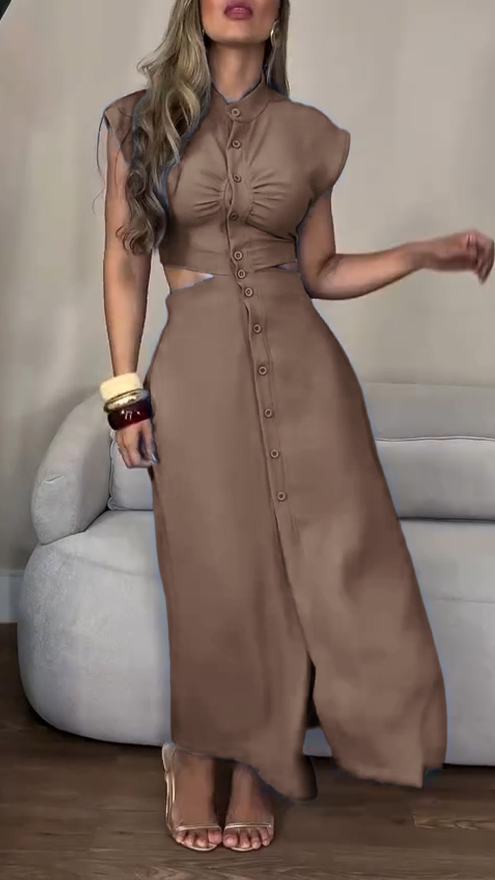 Women's Round Neck Buttoned Hollow Waist Casual Dress
