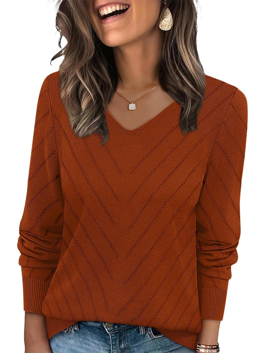 Women's V Neck Casual Knit Hollow Long Sleeve Tops Lightweight Sweaters