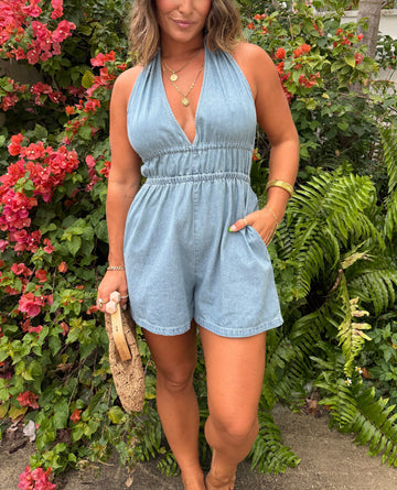 Women's Adjustable Back Tie Halter Denim Romper