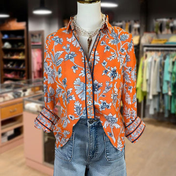 Women 3/4 Sleeve Vintage Floral Print Lapel Shirt