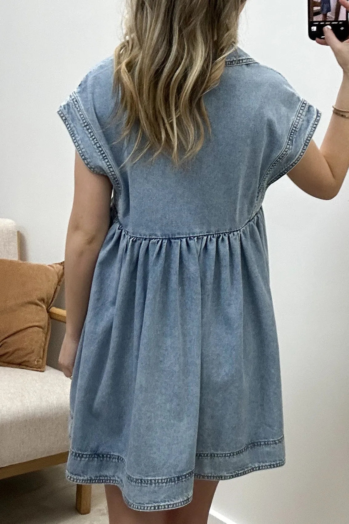 V Neck Lapel Cap Sleeve High Waist Denim Baby Doll Dress